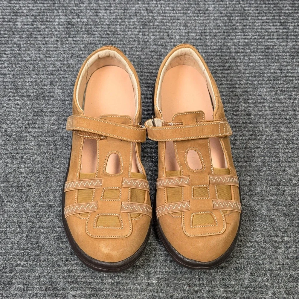 SureFit Acapulco‎ Mary Jane Shoes Womens 8.5W Tan Leather Suede Hook Loop Straps